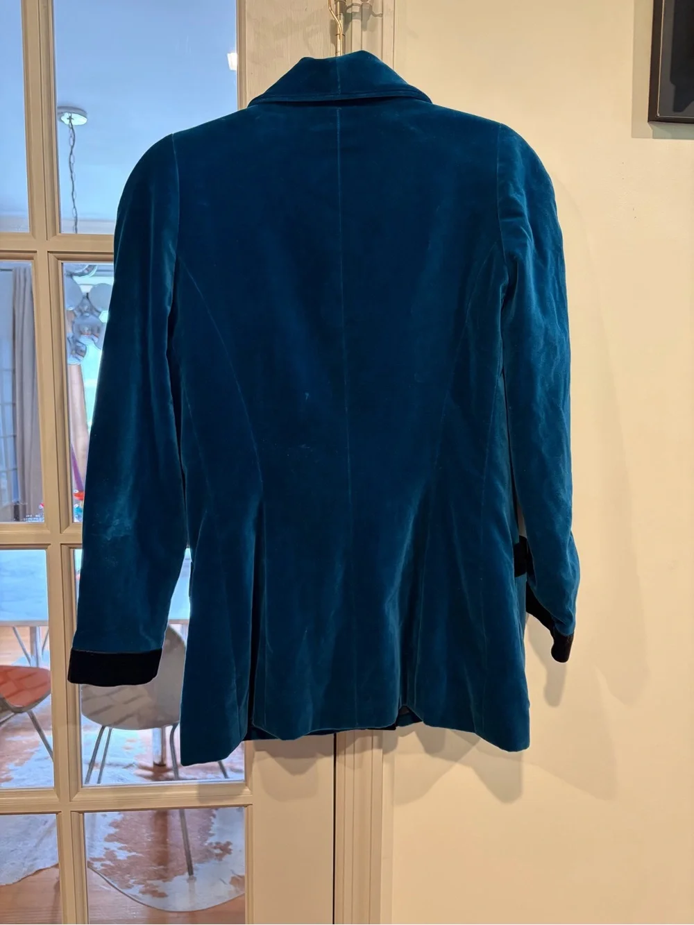 Vtg CHANEL teal blue Velvet Button-Front Jacket Blazer Sz 42